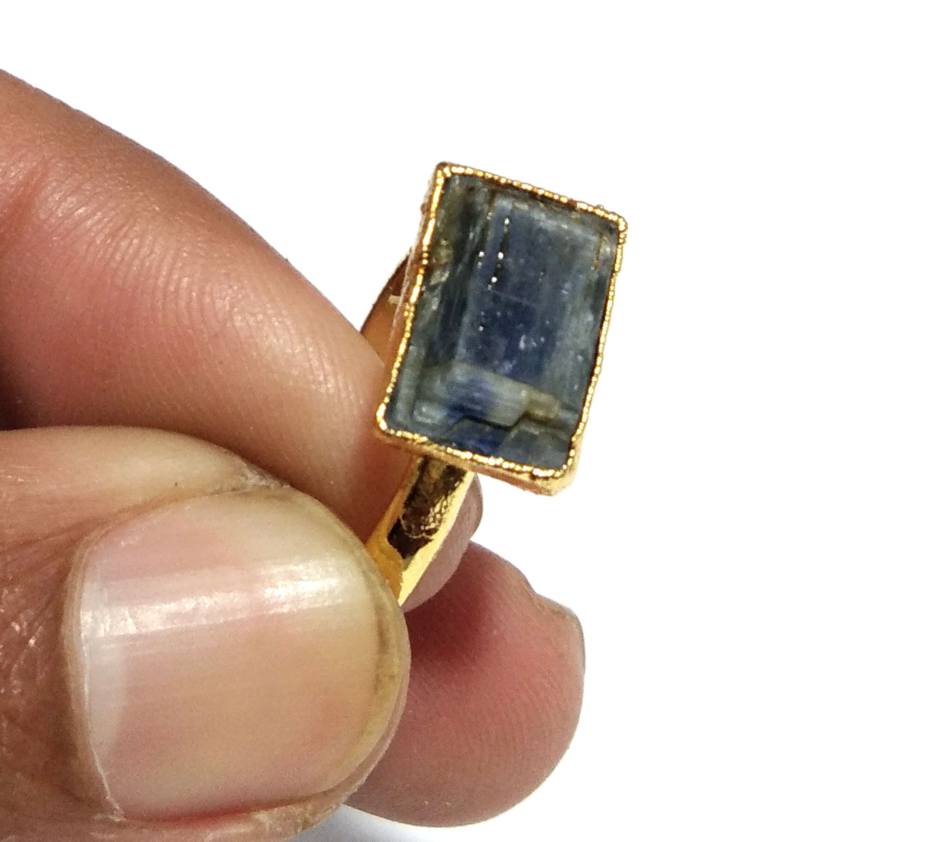 Natural Blue Kyanite Raw Stone Ring, Solid 925 Sterling Silver With Gold Plated Ring, Kyanite Stone Size 9x13mm Handmade Gift Statement Ring
